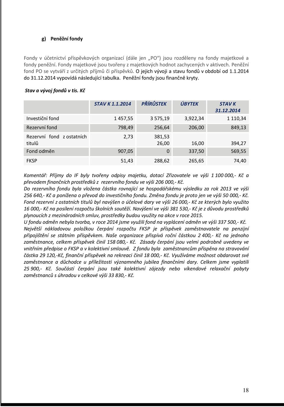 Stav a vývoj fondů v tis. Kč STAV K 1.1.2014 PŘÍRŮSTEK ÚBYTEK STAV K 31.12.