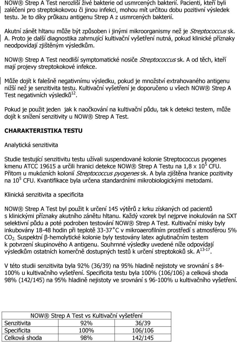 NOW Strep A Test neodliší symptomatické nosiče Streptococcus sk. A od těch, kteří mají projevy streptokokové infekce.