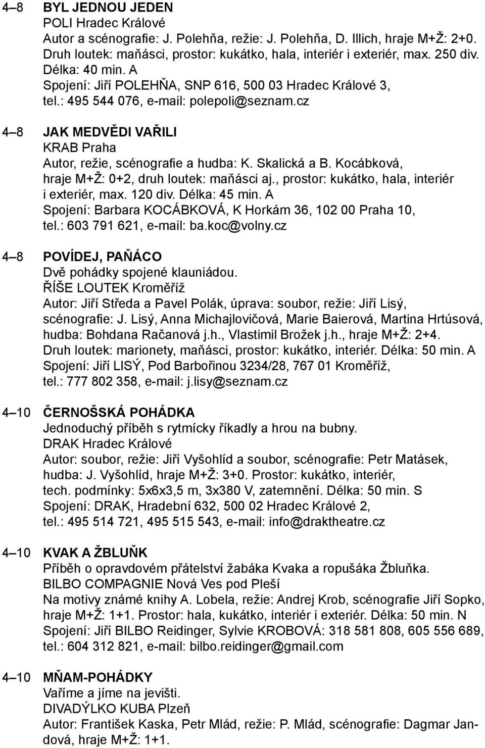 Skalická a B. Kocábková, hraje M+Ž: 0+2, druh loutek: maňásci aj., prostor: kukátko, hala, interiér i exteriér, max. 120 div. Délka: 45 min.