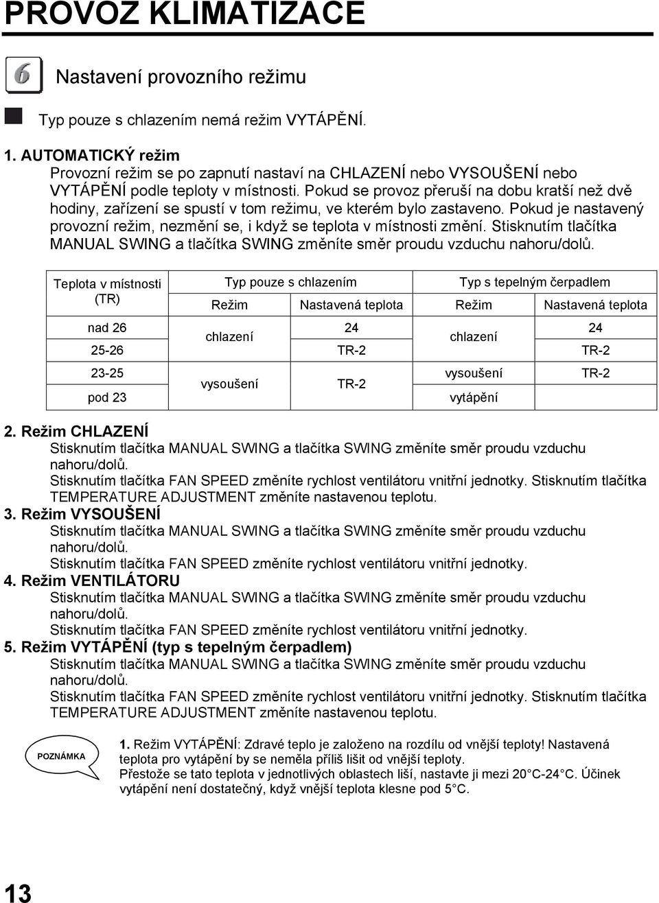 Pokud se provoz přeruší na dobu kratší než dvě hodiny, zařízení se spustí v tom režimu, ve kterém bylo zastaveno. Pokud je nastavený provozní režim, nezmění se, i když se teplota v místnosti změní.