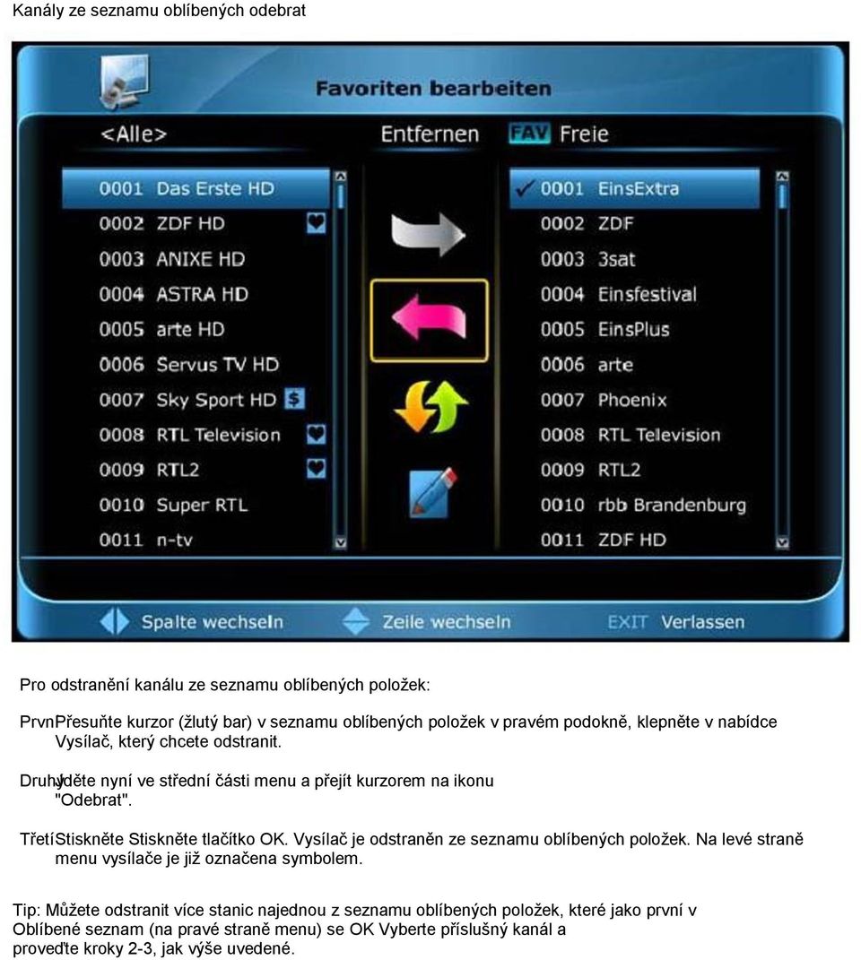 Třetí Stiskněte Stiskněte tlačítko OK. Vysílač je odstraněn ze seznamu oblíbených poloţek. Na levé straně menu vysílače je jiţ označena symbolem.