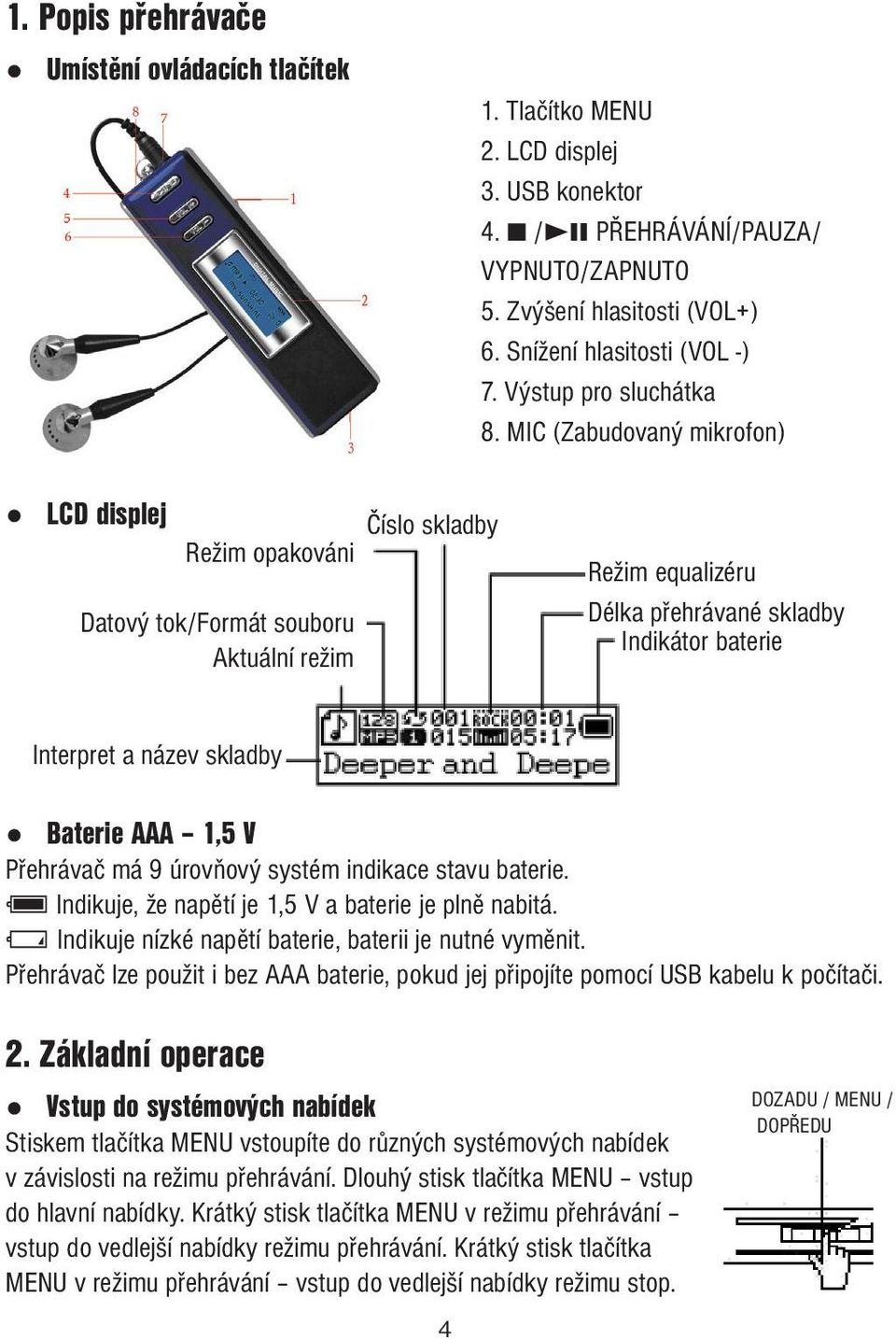 MIC (Zabudovaný mikrofon) LCD displej Číslo skladby Režim opakováni Datový tok/formát souboru Aktuální režim Režim equalizéru Délka přehrávané skladby Indikátor baterie Interpret a název skladby