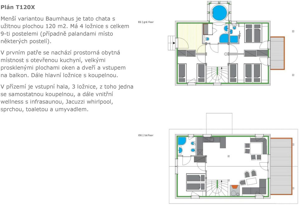 V prvním patře se nachází prostorná obytná místnost s otevřenou kuchyní, velkými prosklenými plochami oken a dveří a