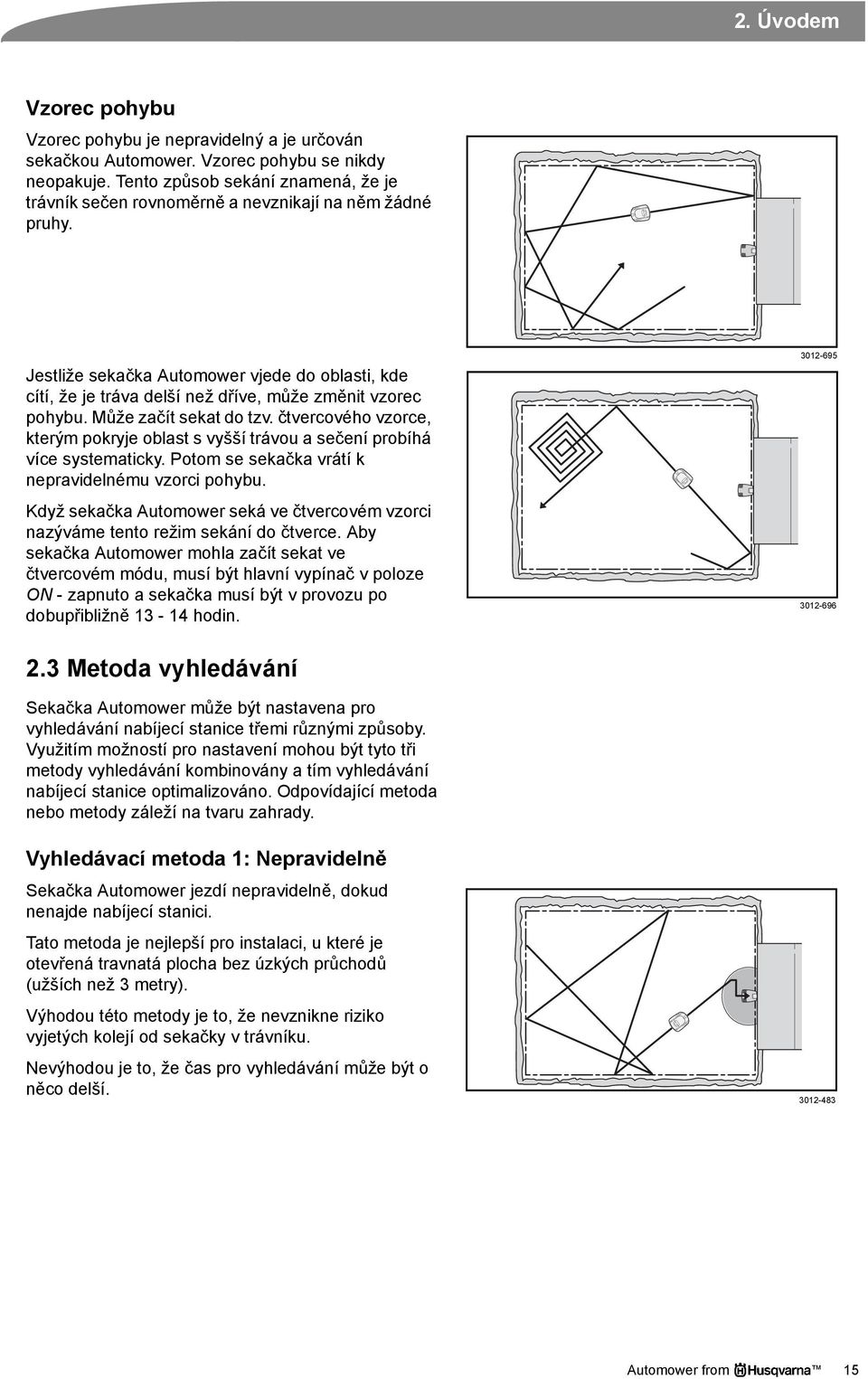 Jestliže sekačka Automower vjede do oblasti, kde cítí, že je tráva delší než dříve, může změnit vzorec pohybu. Může začít sekat do tzv.