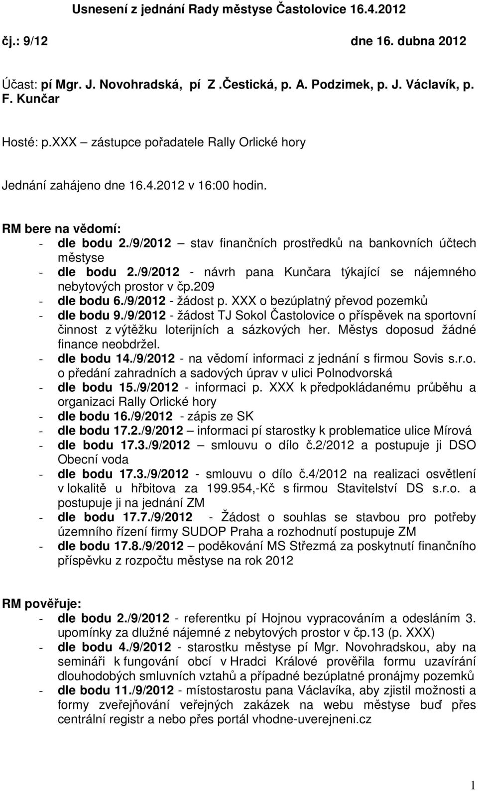 /9/2012 - návrh pana Kunčara týkající se nájemného nebytových prostor v čp.209 - dle bodu 6./9/2012 - žádost p. XXX o bezúplatný převod pozemků - dle bodu 9.
