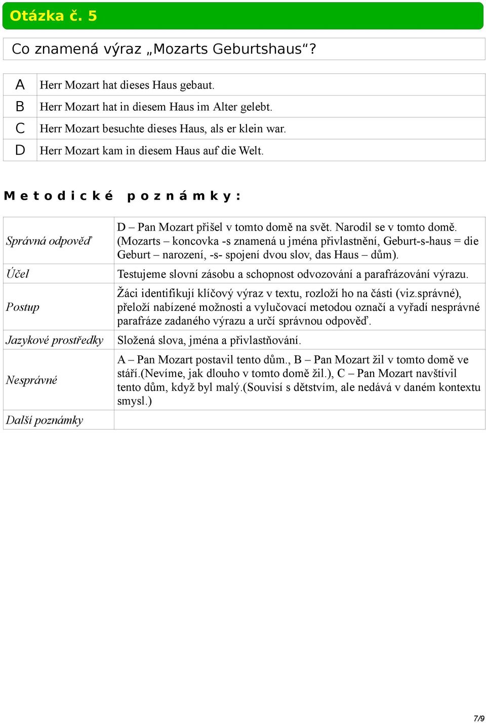 (Mozarts koncovka -s znamená u jména přivlastnění, Geburt-s-haus = die Geburt narození, -s- spojení dvou slov, das Haus dům). Testujeme slovní zásobu a schopnost odvozování a parafrázování výrazu.