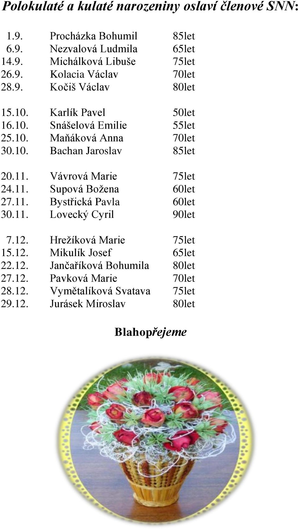 Vávrová Marie 75let 24.11. Supová Božena 60let 27.11. Bystřická Pavla 60let 30.11. Lovecký Cyril 90let 7.12. Hrežíková Marie 75let 15.12. Mikulík Josef 65let 22.