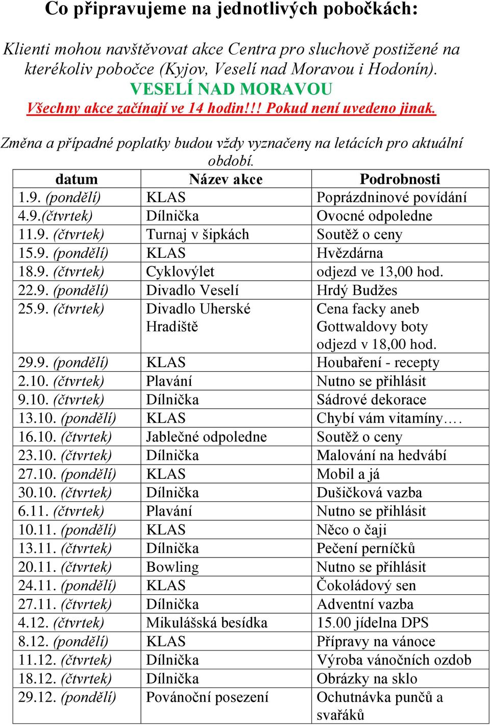 (pondělí) KLAS Poprázdninové povídání 4.9.(čtvrtek) Dílnička Ovocné odpoledne 11.9. (čtvrtek) Turnaj v šipkách Soutěž o ceny 15.9. (pondělí) KLAS Hvězdárna 18.9. (čtvrtek) Cyklovýlet odjezd ve 13,00 hod.