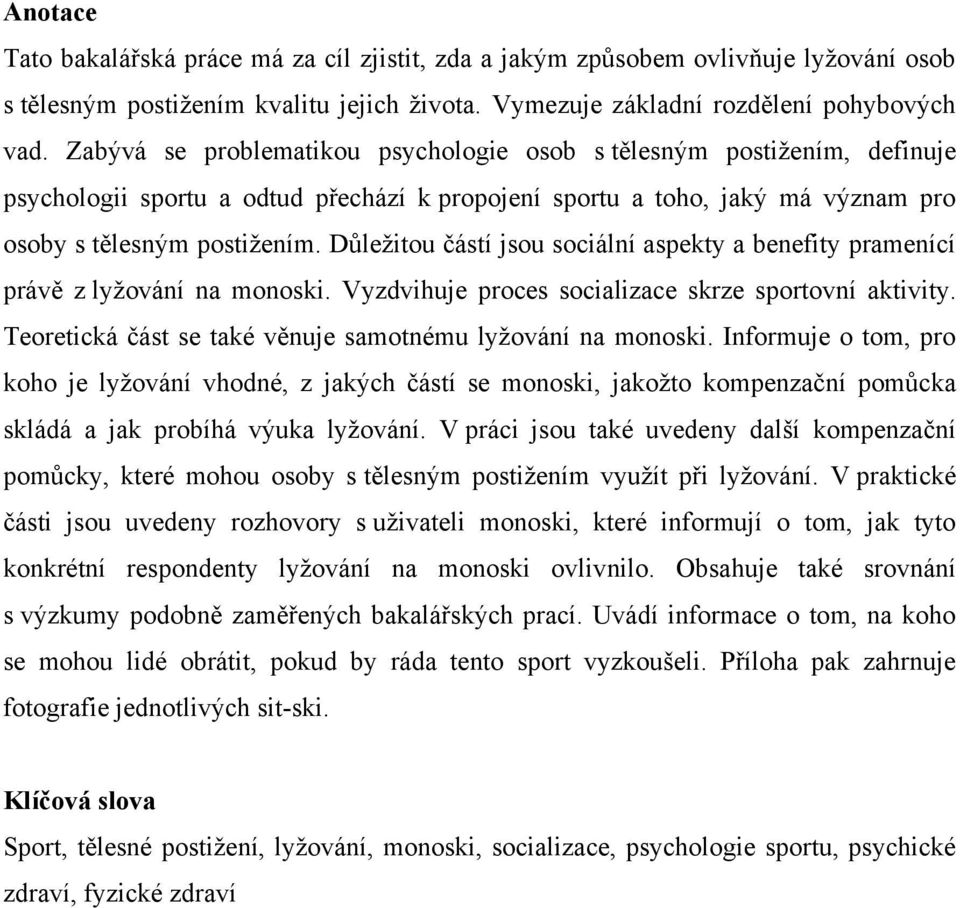 Důleţitou částí jsou sociální aspekty a benefity pramenící právě z lyţování na monoski. Vyzdvihuje proces socializace skrze sportovní aktivity.