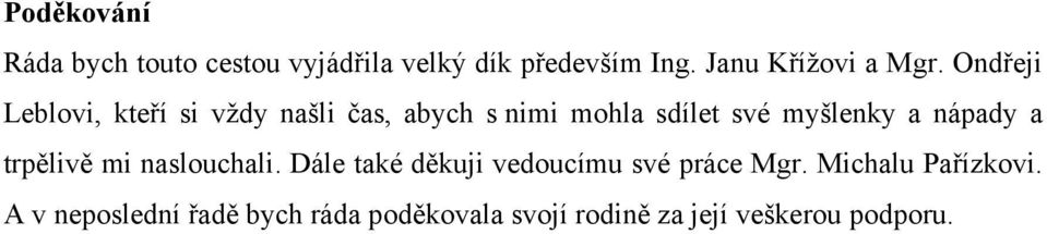 Ondřeji Leblovi, kteří si vţdy našli čas, abych s nimi mohla sdílet své myšlenky a