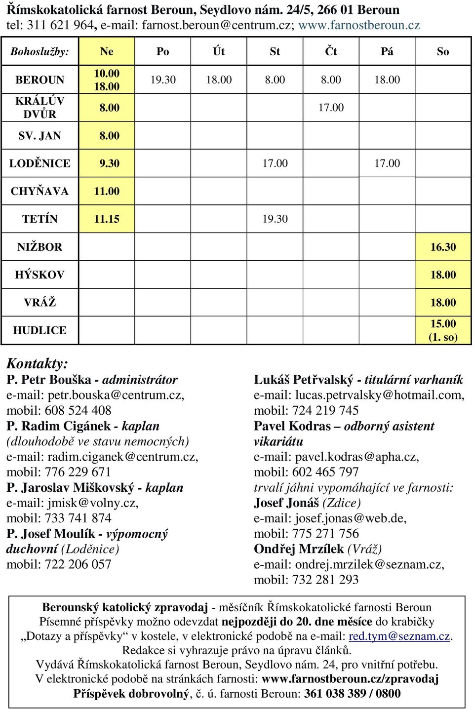 Petr Bouška - administrátor e-mail: petr.bouska@centrum.cz, mobil: 608 524 408 P. Radim Cigánek - kaplan (dlouhodobě ve stavu nemocných) e-mail: radim.ciganek@centrum.cz, mobil: 776 229 671 P.