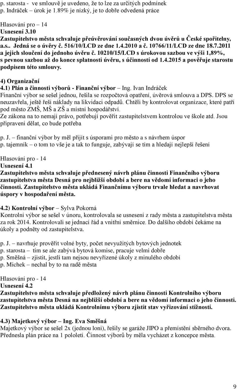 10210/15/LCD s úrokovou sazbou ve výši 1,89%, s pevnou sazbou až do konce splatnosti úvěru, s účinností od 1.4.2015 a pověřuje starostu podpisem této smlouvy. 4) Organizační 4.