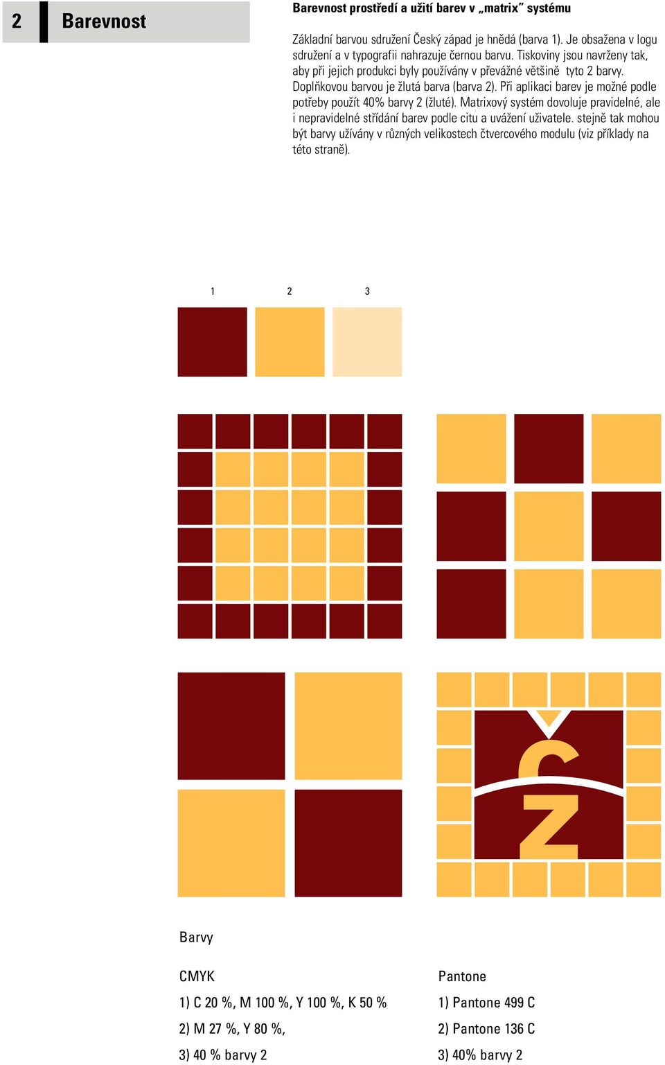 Při aplikaci barev je možné podle potřeby použít 40% barvy 2 (žluté). Matrixový systém dovoluje pravidelné, ale i nepravidelné střídání barev podle citu a uvážení uživatele.