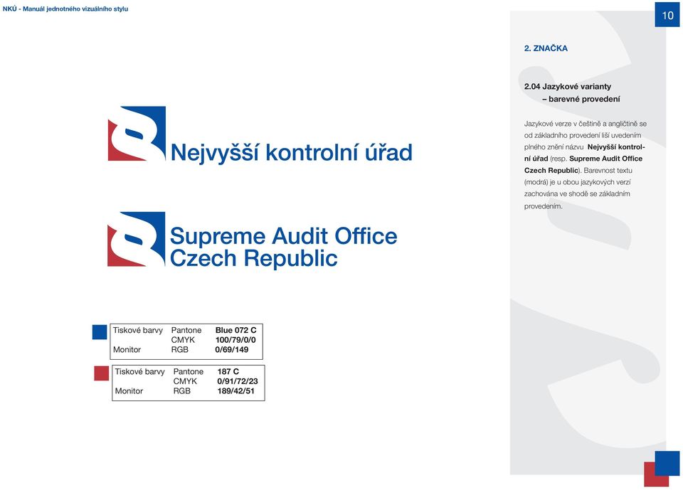 uvedením plného znění názvu Nejvyšší kontrolní úřad (resp. Supreme Audit Office Czech Republic).