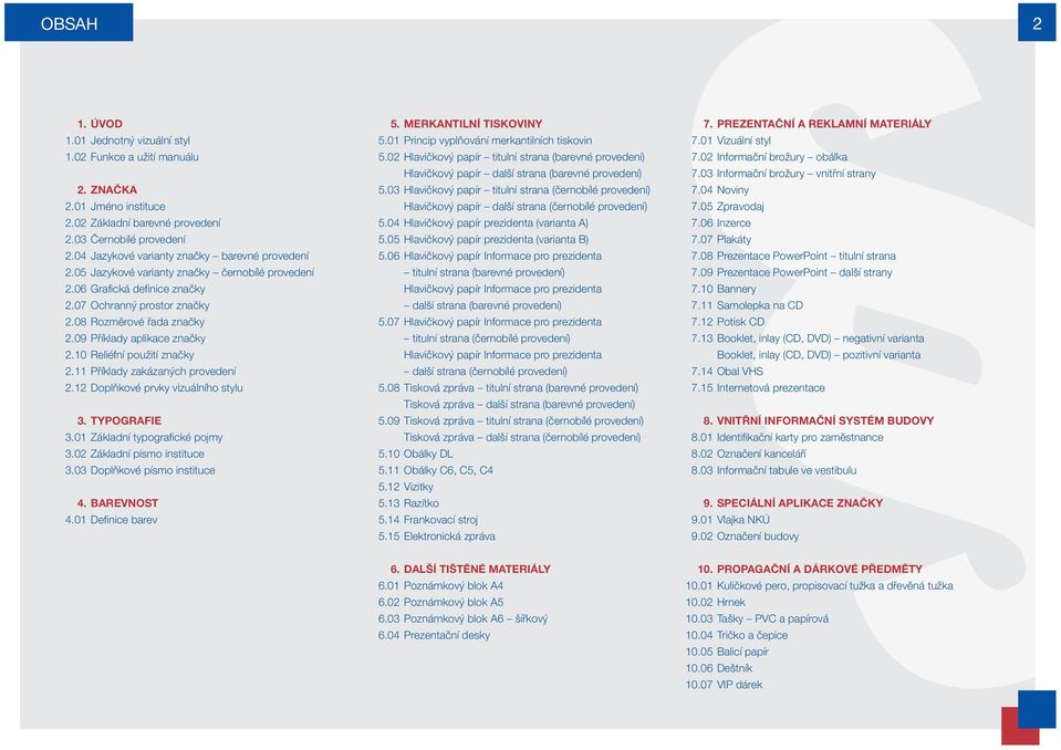 09 Příklady aplikace značky 2.10 Reliéfní použití značky 2.11 Příklady zakázaných provedení 2.12 Doplňkové prvky vizuálního stylu 3. TYPOGRAFIE 3.01 Základní typografické pojmy 3.