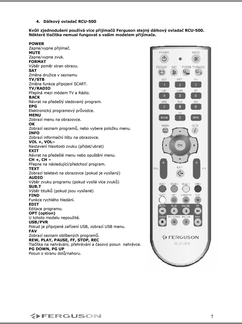 BACK Návrat na předešlý sledovaný program. EPG Elektronický programový průvodce. MENU Zobrazí menu na obrazovce. OK Zobrazí seznam programů, nebo vybere položku menu.