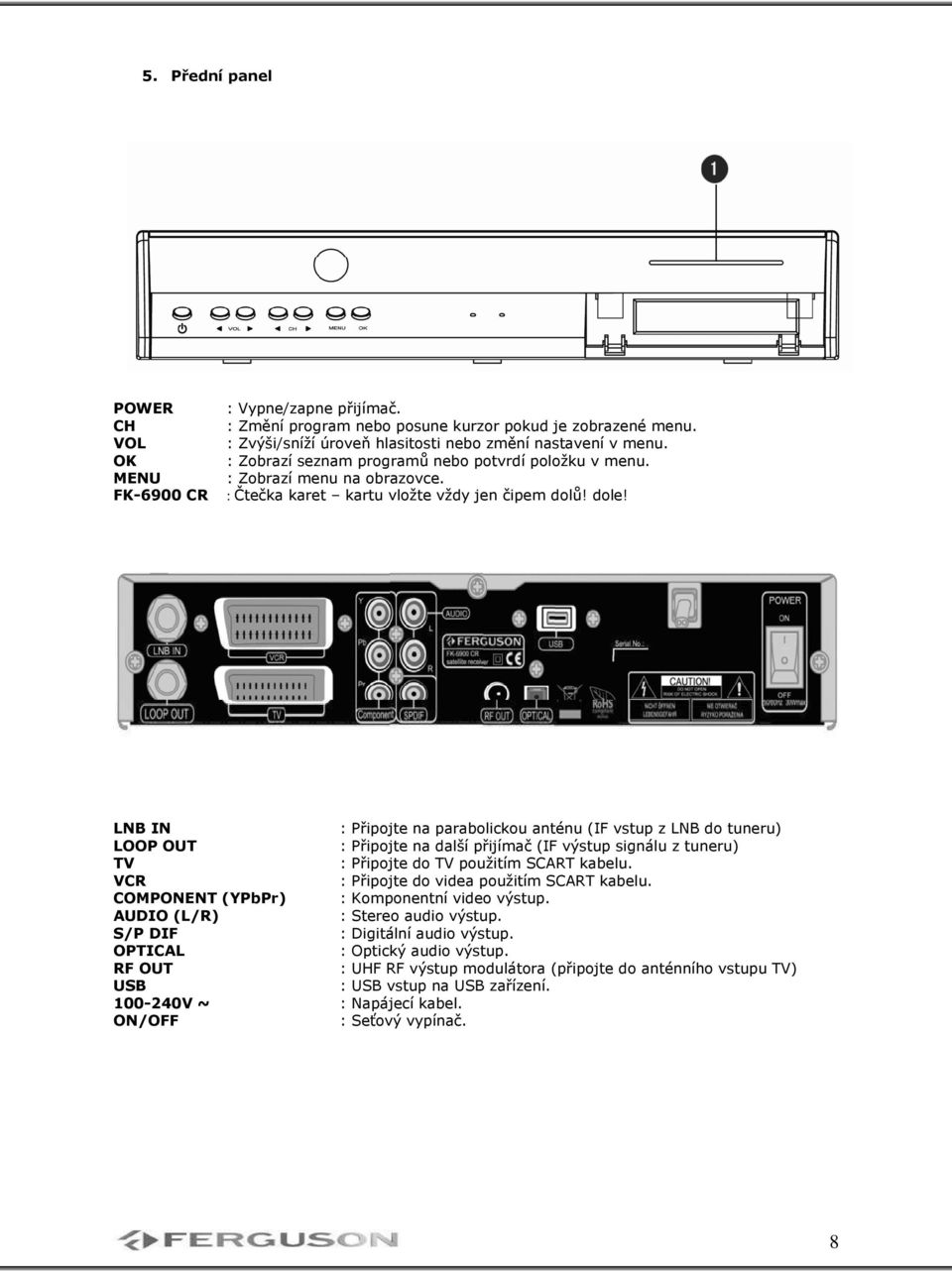 Zadný panel LNB IN : Připojte na parabolickou anténu (IF vstup z LNB do tuneru) LOOP OUT : Připojte na další přijímač (IF výstup signálu z tuneru) TV : Připojte do TV použitím SCART kabelu.