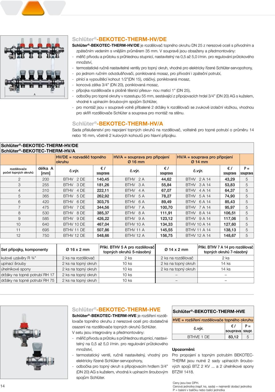 pro regulování průtokového množství, - termostatické ručně nastavitelné ventily pro topný okruh, vhodné pro elektricky řízené Schlüter-servopohony, - po jednom ručním odvzdušňovači, poniklovaná