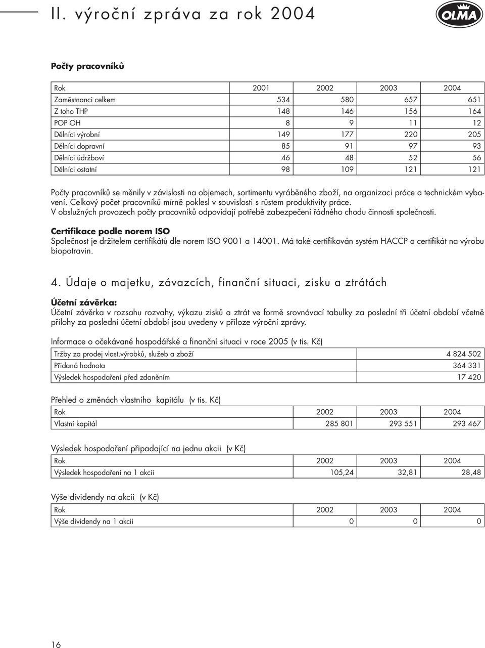 Celkový počet pracovníků mírně poklesl v souvislosti s růstem produktivity práce. V obslužných provozech počty pracovníků odpovídají potřebě zabezpečení řádného chodu činnosti společnosti.