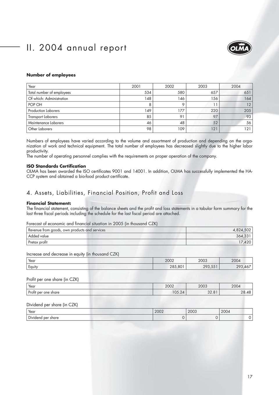 on the organization of work and technical equipment. The total number of employees has decreased slightly due to the higher labor productivity.