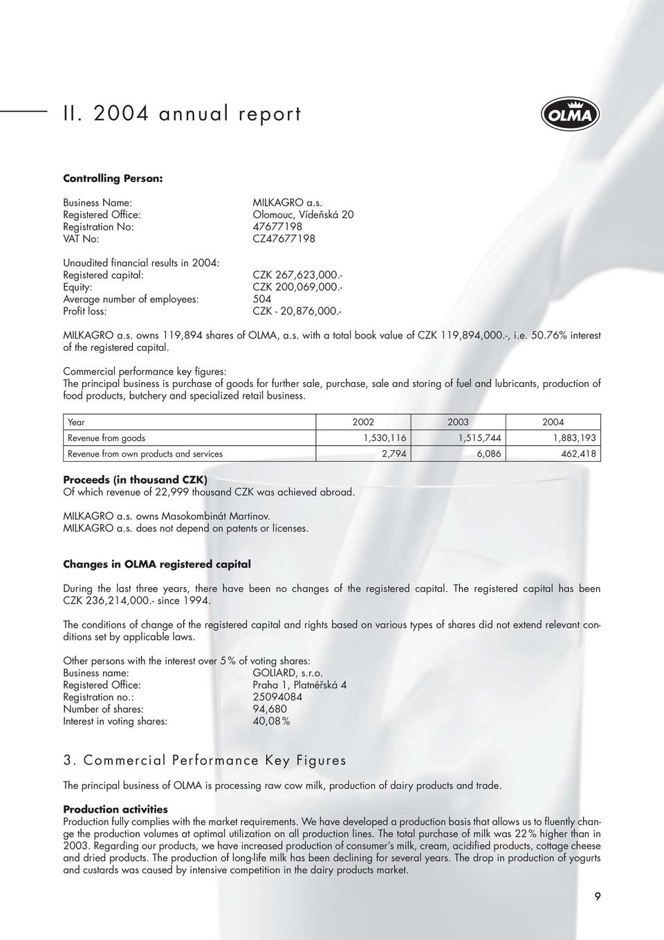 Commercial performance key figures: The principal business is purchase of goods for further sale, purchase, sale and storing of fuel and lubricants, production of food products, butchery and