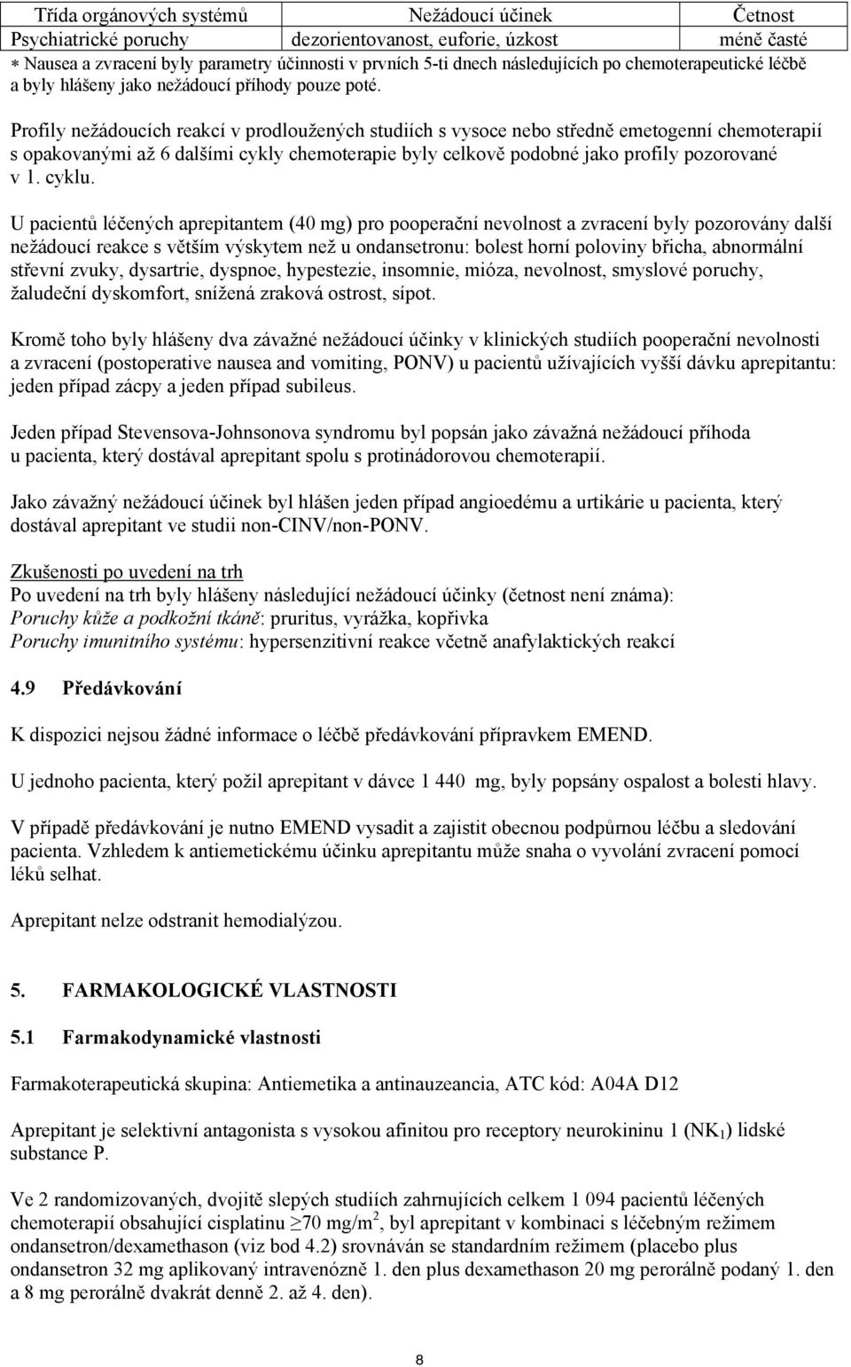 Profily nežádoucích reakcí v prodloužených studiích s vysoce nebo středně emetogenní chemoterapií s opakovanými až 6 dalšími cykly chemoterapie byly celkově podobné jako profily pozorované v 1. cyklu.