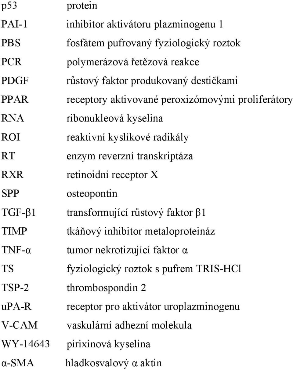 retinoidní receptor X SPP osteopontin TGF-β1 transformující růstový faktor β1 TIMP tkáňový inhibitor metaloproteináz TNF-α tumor nekrotizující faktor α TS fyziologický