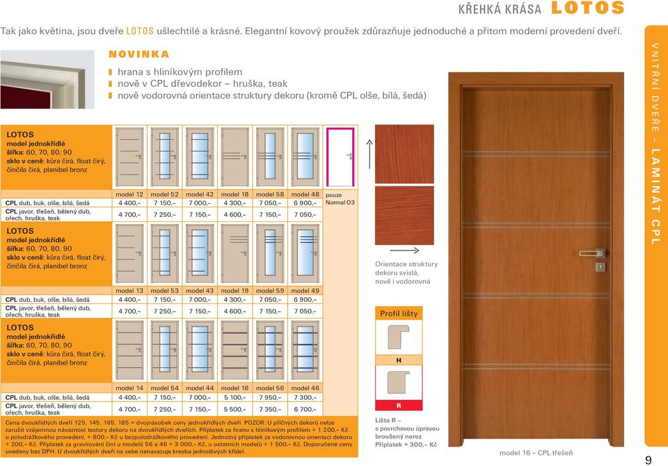 šedá 4 400, 7 150, 7 000, 4 300, 7 050, 6 900, Normal O3 CPL javor, třešeň, bělený dub, ořech, hruška, teak 4 700, 7 250, 7 150, 4 600, 7 150, 7 050, LOTOS model jednokřídlé šířka: 60, 70, 80, 90