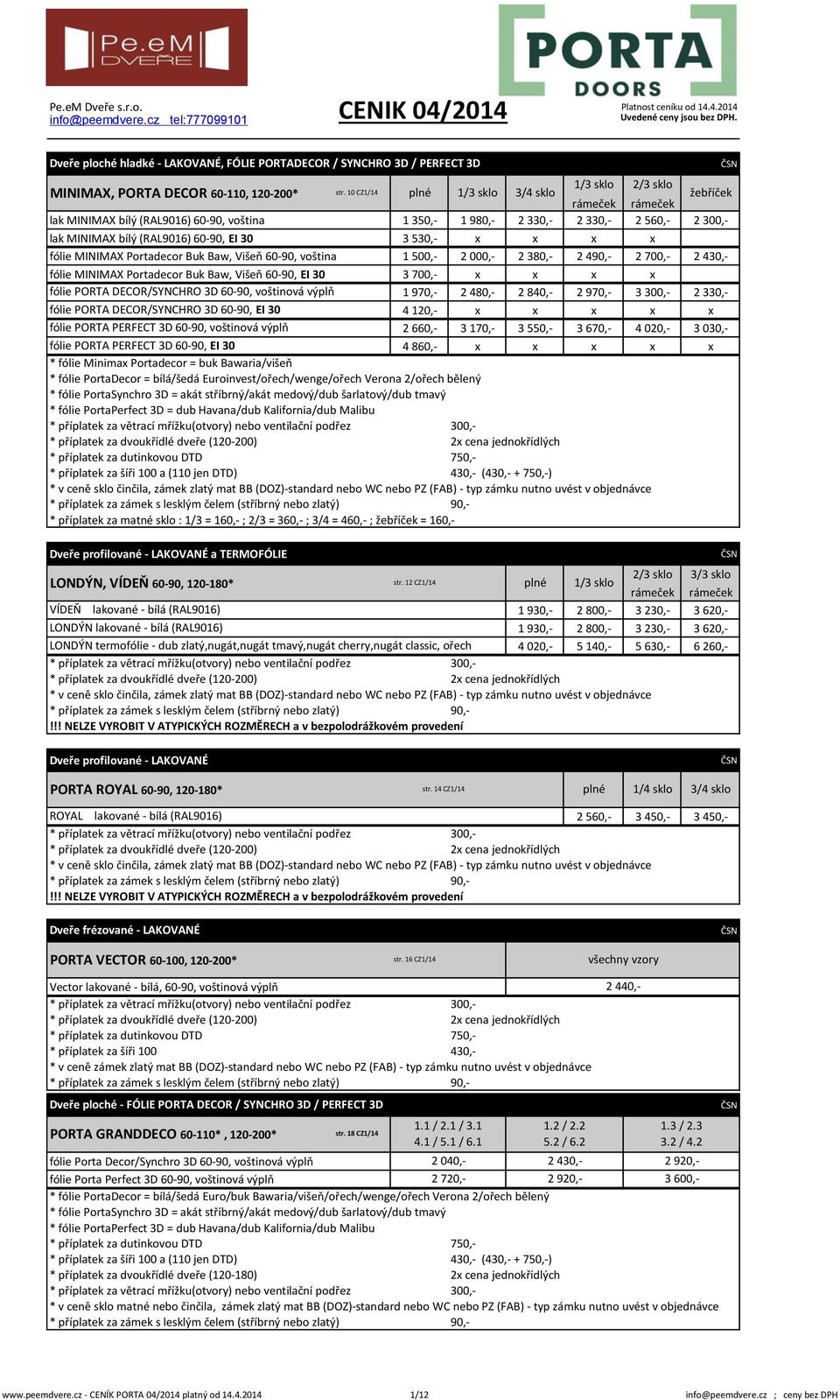 10 CZ1/14 1/3 sklo 3/4 sklo 1/3 sklo 2/3 sklo rámeček rámeček žebříček lak MINIMAX bílý (RAL9016) 60-90, voština 1 350,- 1 980,- 2 330,- 2 330,- 2 560,- 2 300,- lak MINIMAX bílý (RAL9016) 60-90, EI