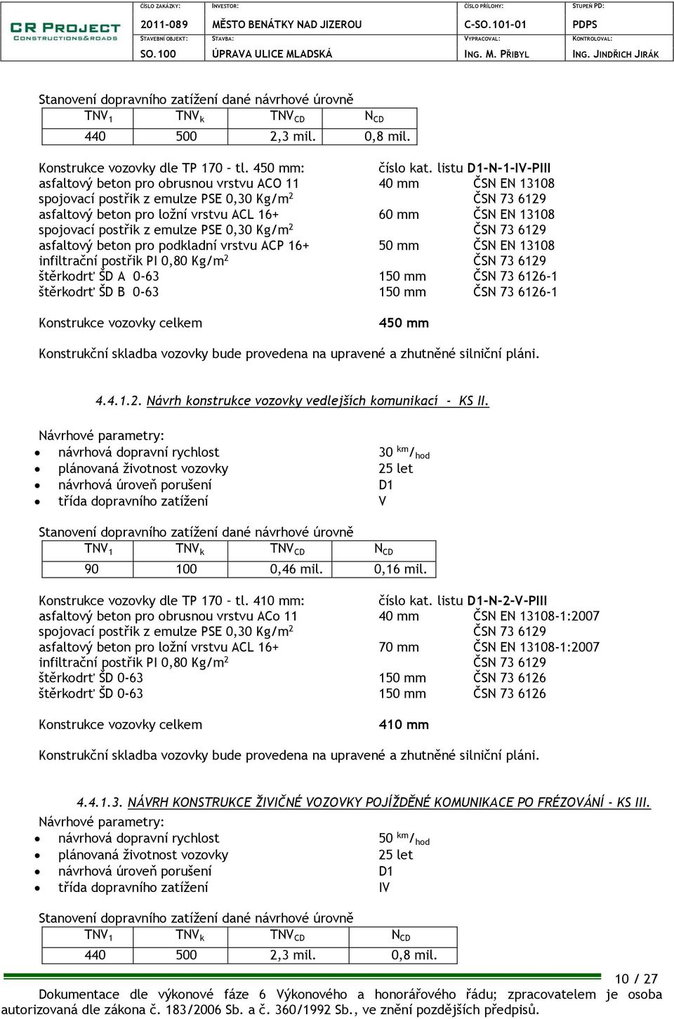 spojovací postřik z emulze PSE 0,30 Kg/m 2 ČSN 73 6129 asfaltový beton pro podkladní vrstvu ACP 16+ 50 mm ČSN EN 13108 infiltrační postřik PI 0,80 Kg/m 2 ČSN 73 6129 štěrkodrť ŠD A 0-63 150 mm ČSN 73