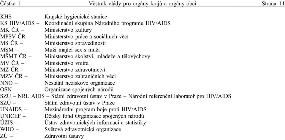 zdravotnictví MZV ČR Ministerstvo zahraničních věcí NNO Nestátní neziskové organizace OSN Organizace spojených národů SZÚ NRL AIDS Státní zdravotní ústav v Praze Národní referenční laboratoř pro