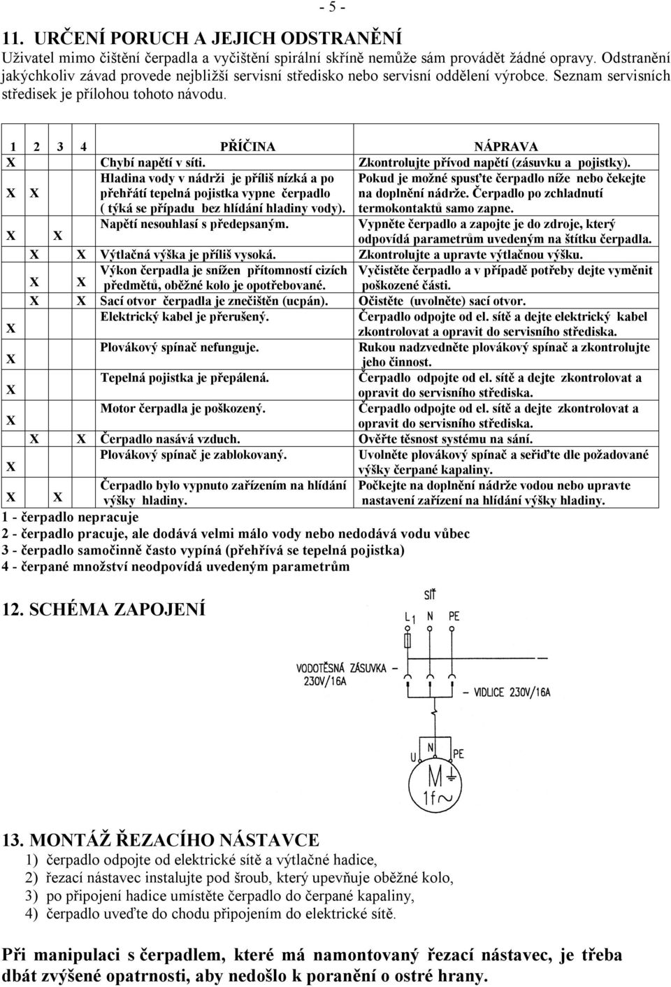 Zkontrolujte přívod napětí (zásuvku a pojistky). X X Hladina vody v nádrži je příliš nízká a po přehřátí tepelná pojistka vypne čerpadlo ( týká se případu bez hlídání hladiny vody).