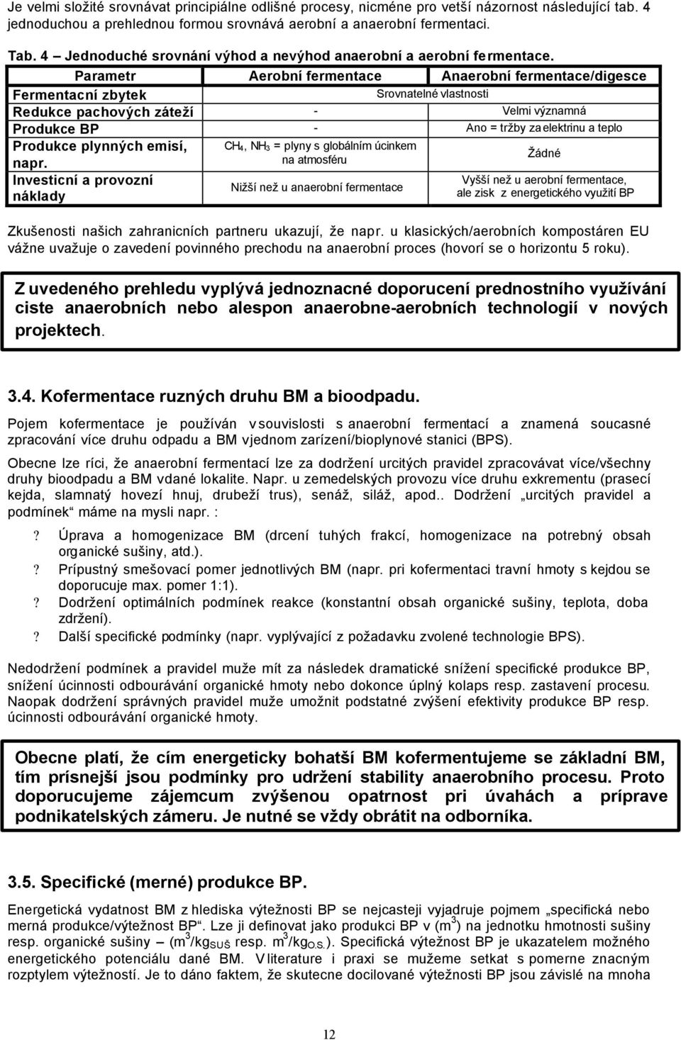 Parametr Aerobní fermentace Anaerobní fermentace/digesce Fermentacní zbytek Srovnatelné vlastnosti Redukce pachových záteží - Velmi významná Produkce BP - Ano = tržby za elektrinu a teplo Produkce