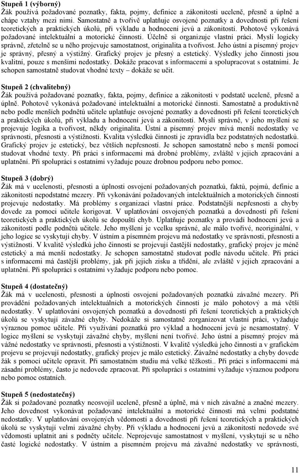 Pohotově vykonává požadované intelektuální a motorické činnosti. Účelně si organizuje vlastní práci. Myslí logicky správně, zřetelně se u něho projevuje samostatnost, originalita a tvořivost.