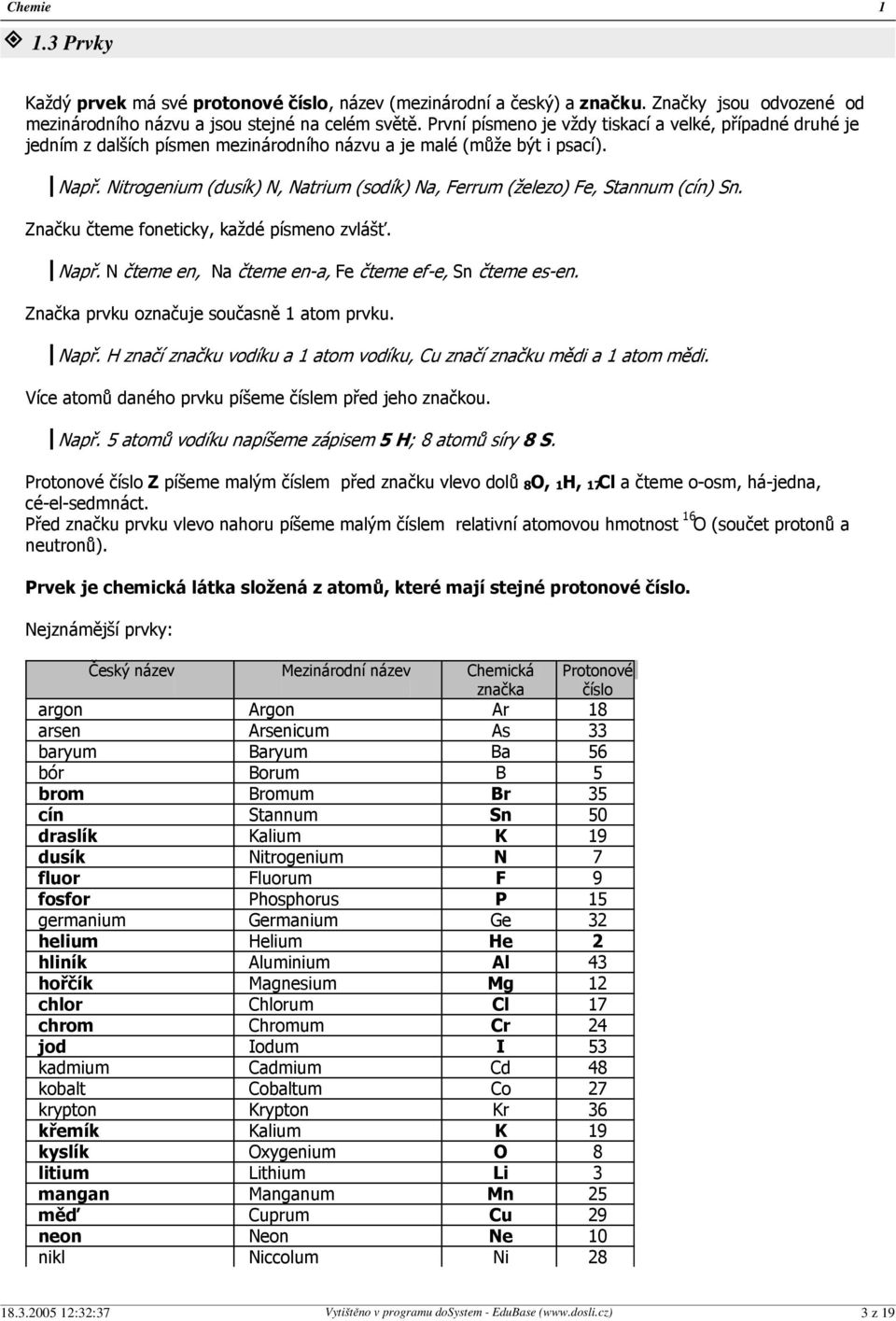 Nitrogenium (dusík) N, Natrium (sodík) Na, Ferrum (železo) Fe, Stannum (cín) Sn. Značku čteme foneticky, každé písmeno zvlášť. Např. N čteme en, Na čteme en-a, Fe čteme ef-e, Sn čteme es-en.