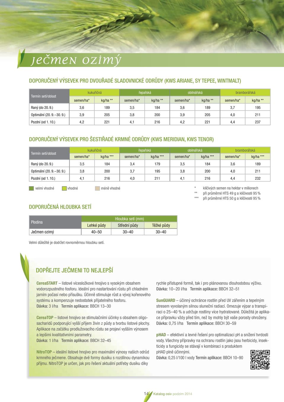 ) 4,2 221 4,1 216 4,2 221 4,4 237 DOPORUČENÝ VÝSEVEK PRO ŠESTIŘADÉ KRMNÉ ODRŮDY (KWS MERIDIAN, KWS TENOR) Termín setí/oblast kukuřičná řepařská obilnářská bramborářská semen/ha* kg/ha *** semen/ha*