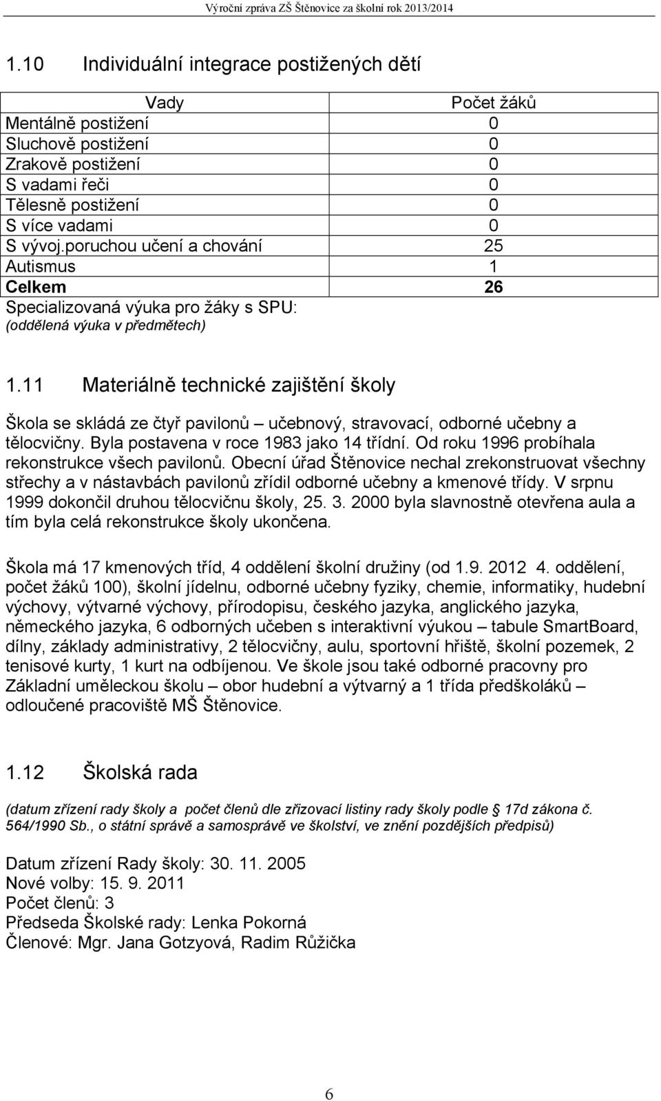 11 Materiálně technické zajištění školy Škola se skládá ze čtyř pavilonů učebnový, stravovací, odborné učebny a tělocvičny. Byla postavena v roce 1983 jako 14 třídní.