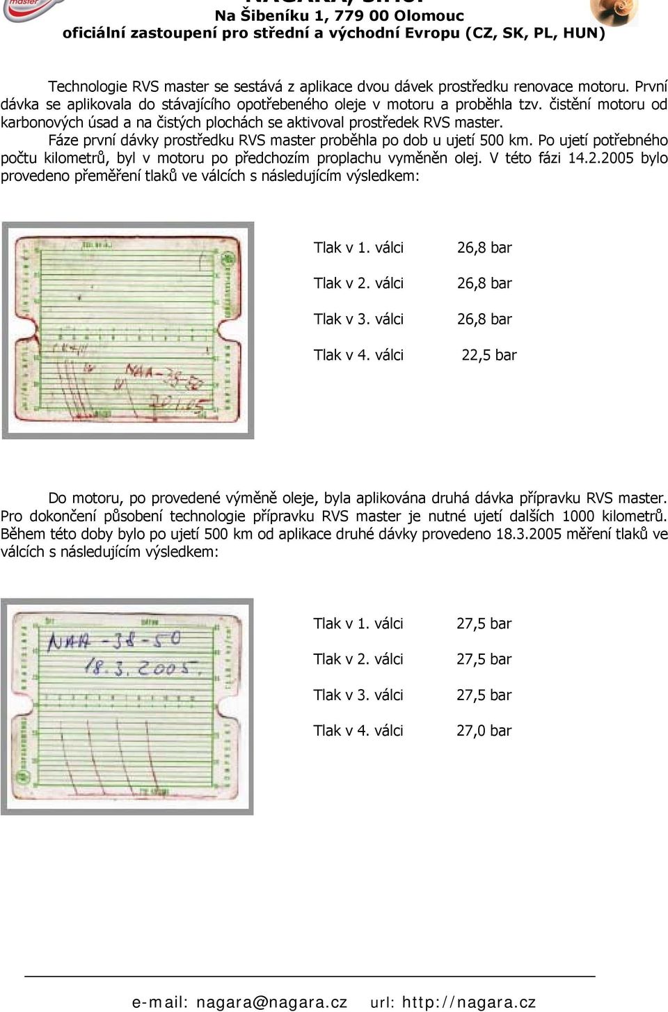 Po ujetí potřebného počtu kilometrů, byl v motoru po předchozím proplachu vyměněn olej. V této fázi 14.2.2005 bylo provedeno přeměření tlaků ve válcích s následujícím výsledkem: Tlak v 1.