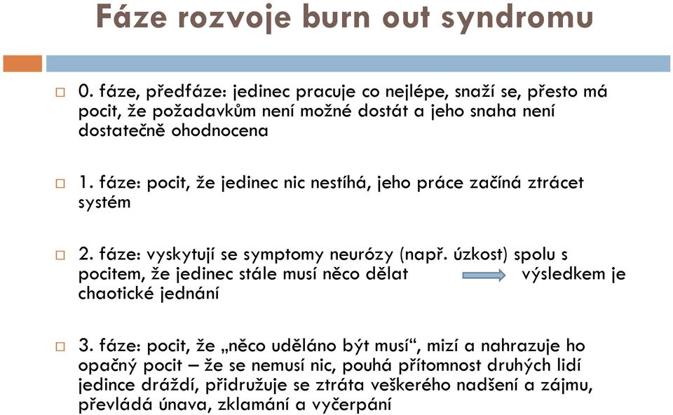 fáze: pocit, že jedinec nic nestíhá, jeho práce začíná ztrácet systém 2. fáze: vyskytují se symptomy neurózy (např.