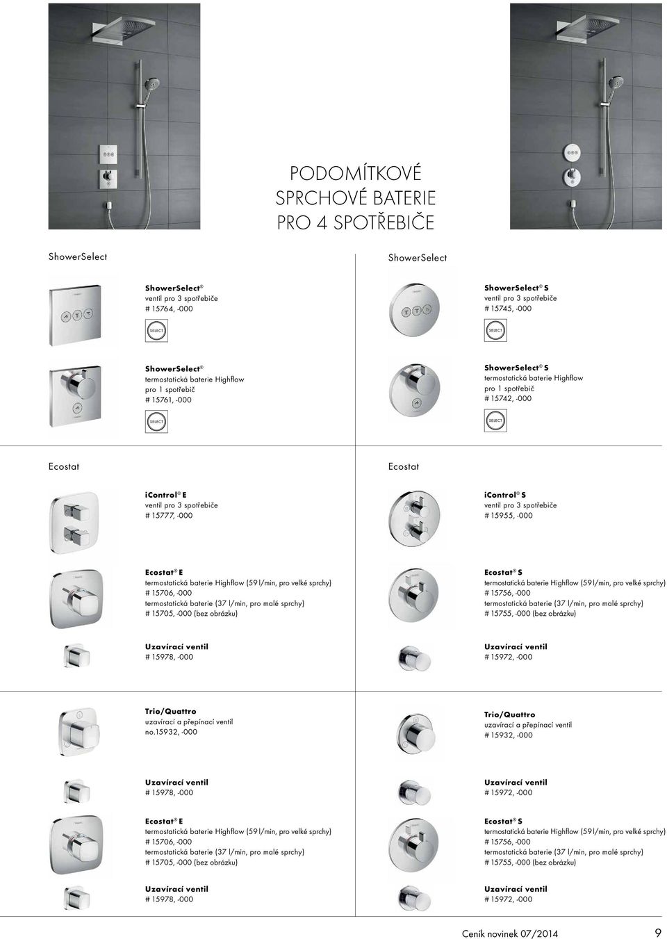 -000 icontrol S ventil pro 3 spotřebiče # 15955, -000 Ecostat E termostatická baterie Highflow (59 l/min, pro velké sprchy) # 15706, -000 termostatická baterie (37 l/min, pro malé sprchy) # 15705,