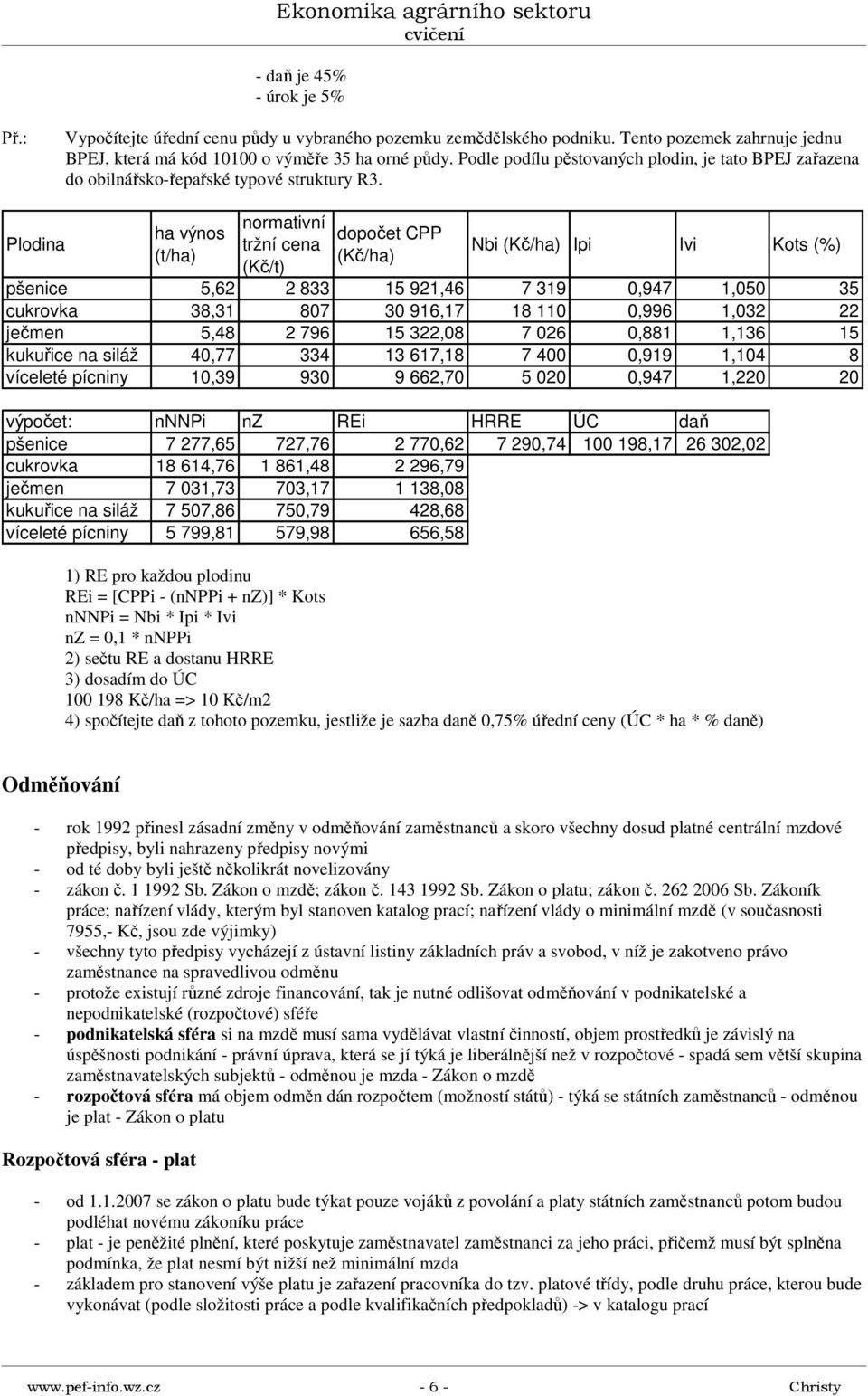 Plodina ha výnos (t/ha) normativní tržní cena (Kč/t) dopočet CPP (Kč/ha) Nbi (Kč/ha) Ipi Ivi Kots (%) pšenice 5,62 2 833 15 921,46 7 319 0,947 1,050 35 cukrovka 38,31 807 30 916,17 18 110 0,996 1,032