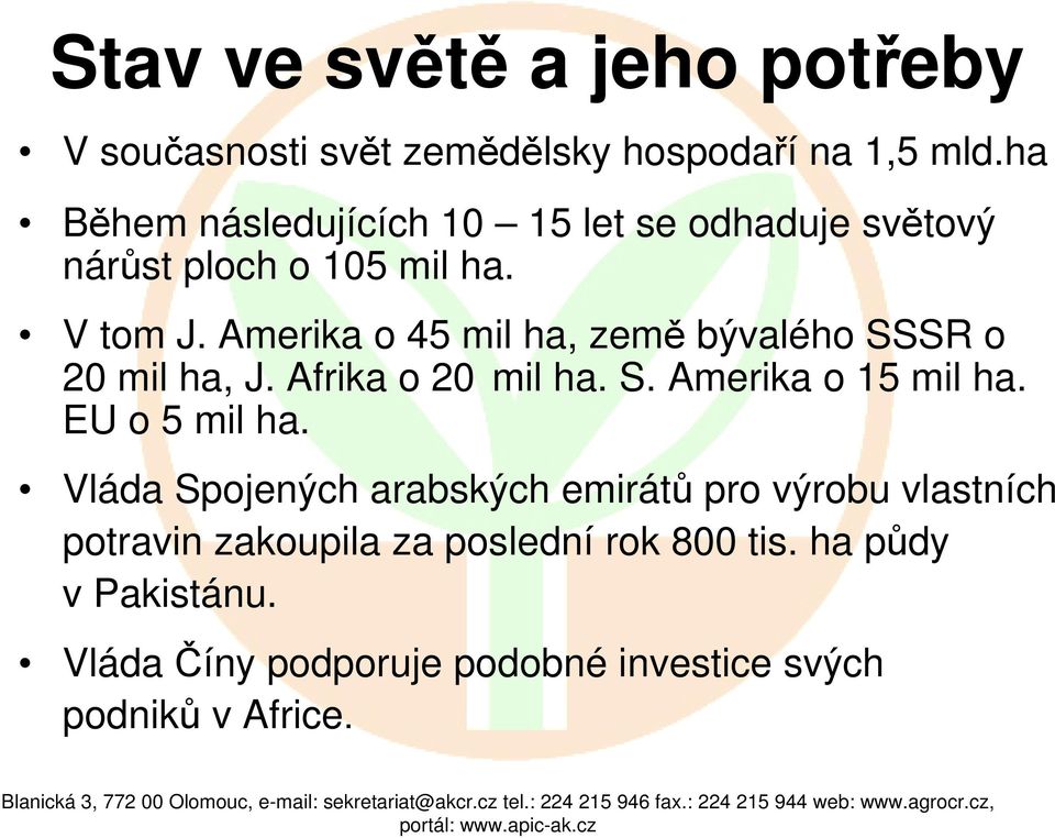 Amerika o 45 mil ha, země bývalého SSSR o 20 mil ha, J. Afrika o 20 mil ha. S. Amerika o 15 mil ha. EU o 5 mil ha.