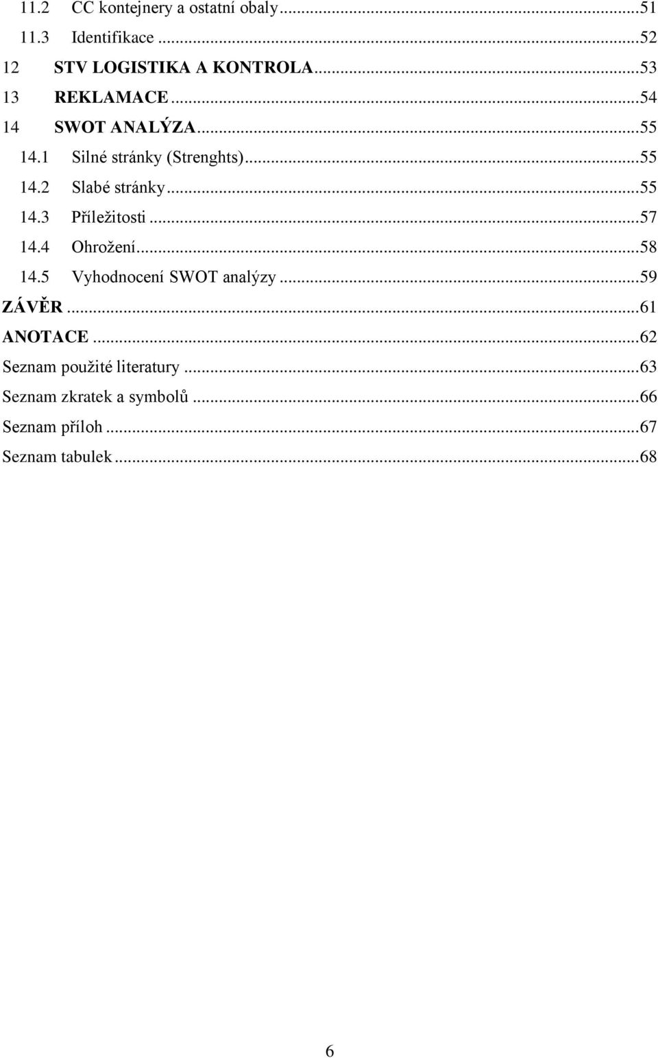 .. 55 14.3 Příležitosti... 57 14.4 Ohrožení... 58 14.5 Vyhodnocení SWOT analýzy... 59 ZÁVĚR... 61 ANOTACE.