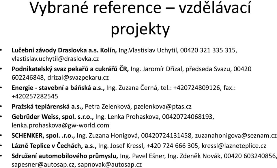 cz Gebrüder Weiss, spol. s.r.o., Ing. Lenka Prohaskova, 00420724068193, lenka.prohaskova@gw-world.com SCHENKER, spol..r.o., Ing. Zuzana Honigová, 00420724131458, zuzanahonigova@seznam.