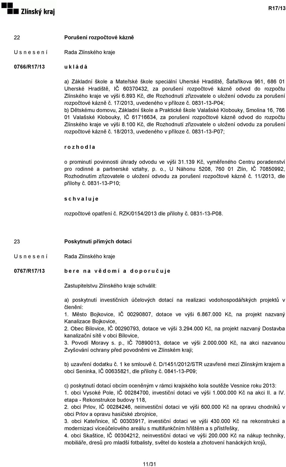 0831-13-P04; b) Dětskému domovu, Základní škole a Praktické škole Valašské Klobouky, Smolina 16, 766 01 Valašské Klobouky, IČ 61716634, za porušení rozpočtové kázně odvod do rozpočtu Zlínského kraje