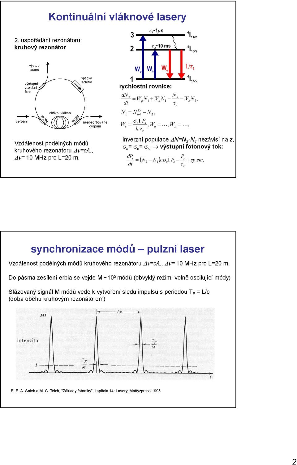 dp dt s ( N N ) cσ ΓP sp.. s = + 2 1 s s em τ c P synchronizace módů pulzní laser Vzdálenost podélných módů kruhového rezonátoru Δν=c/L, Δν= 10 MHz pro L=20 m.