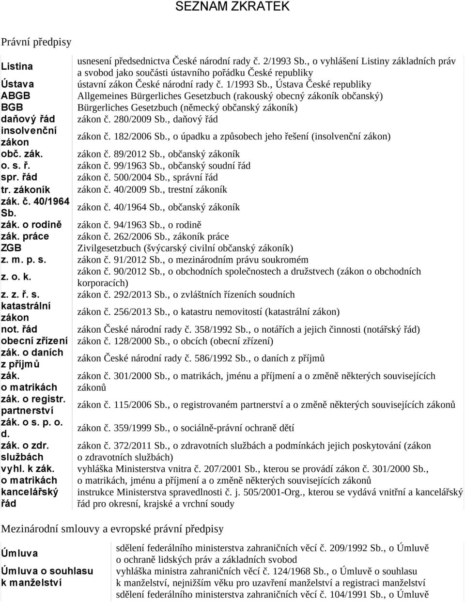 , Ústava České republiky ABGB Allgemeines Bürgerliches Gesetzbuch (rakouský obecný zákoník občanský) BGB Bürgerliches Gesetzbuch (německý občanský zákoník) daňový řád zákon č. 280/2009 Sb.