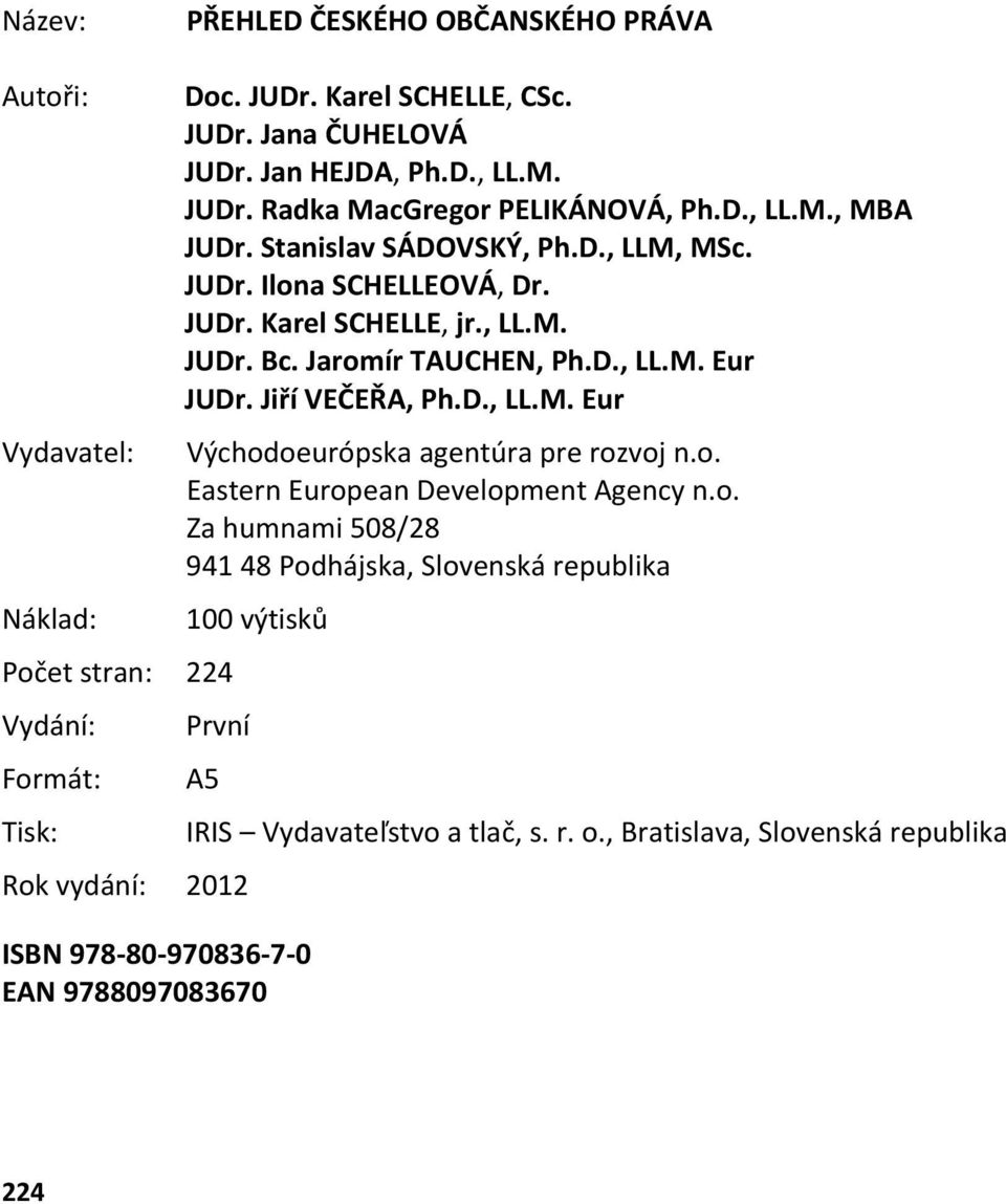 o. Eastern European Development Agency n.o. Za humnami 508/28 941 48 Podhájska, Slovenská republika Náklad: 100 výtisků Počet stran: 224 Vydání: První Formát: A5 Tisk: IRIS Vydavateľstvo a tlač, s.