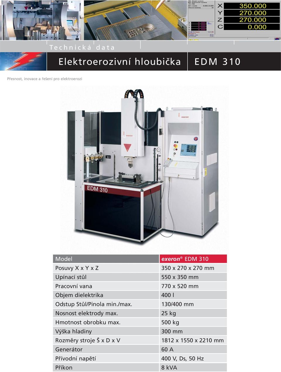 dielektrika 400 l Odstup Stůl/Pinola min./max. 130/400 mm Nosnost elektrody max. 25 kg Hmotnost obrobku max.