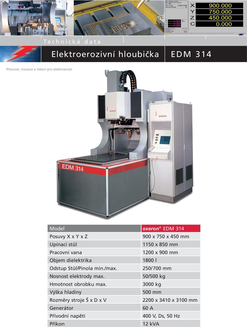 1800 l Odstup Stůl/Pinola min./max. 250/700 mm Nosnost elektrody max. 50/500 kg Hmotnost obrobku max.